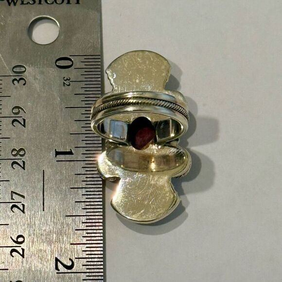 Unique Red Rose Dahlia Turquoise Ring Southwestern Fan Framed Sterling Silver 7 - Picture 7 of 7